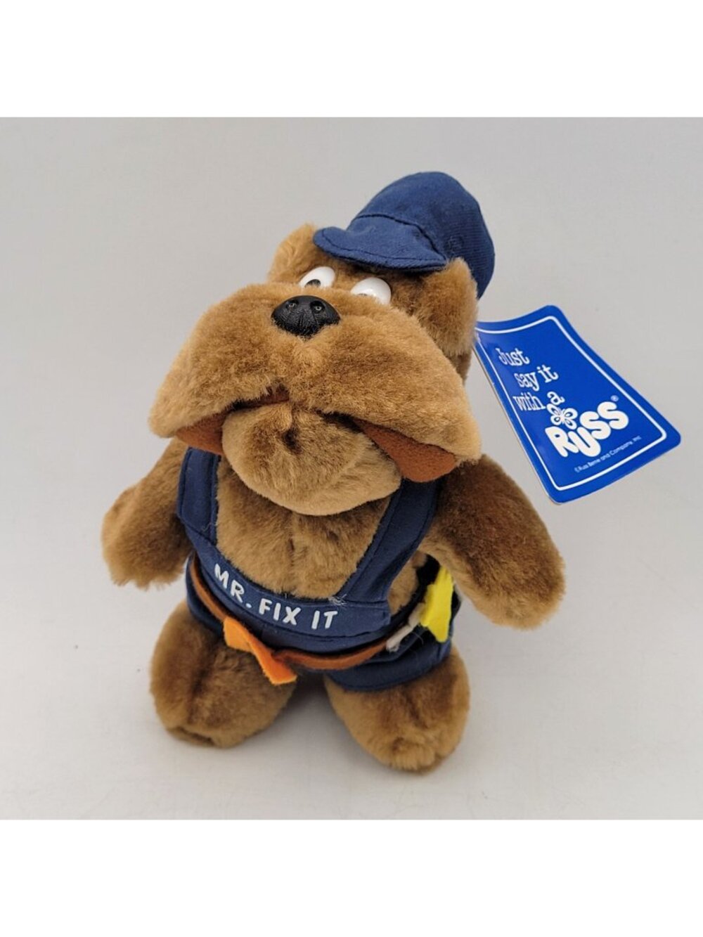 Russ Berrie Luv Pets Mr. Fix It Bulldog Plush Blue Overalls Tool Belt Hat w/ Tag
